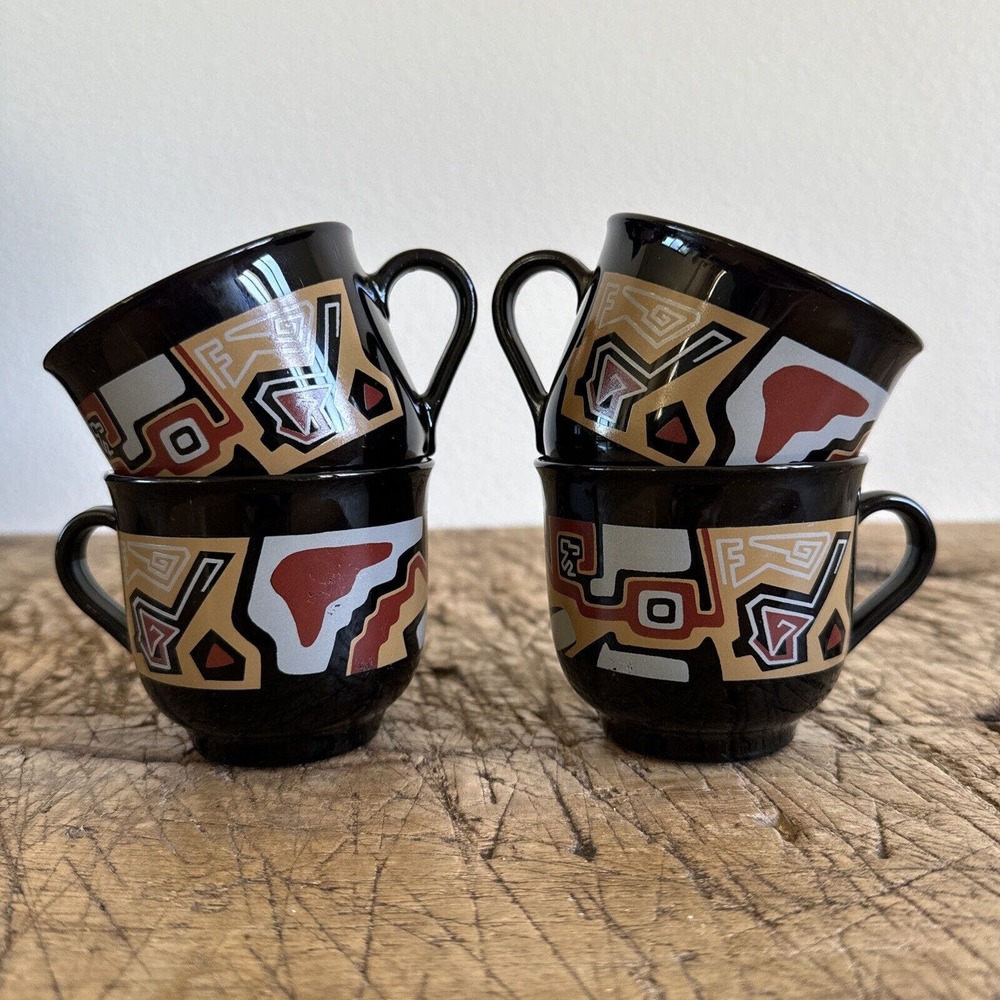 Arcoroc Black Cup France Glass Geometric Abstract Design Batik Set of 4